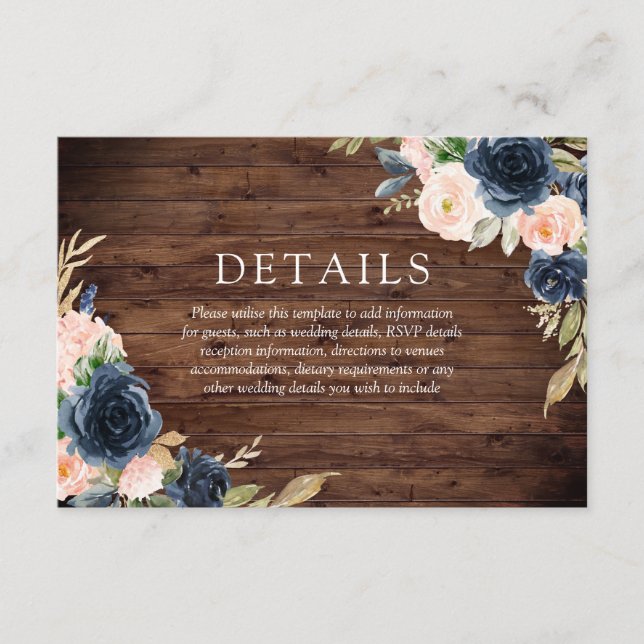 Rustic Blush Pink & Navy Elegant Wedding Details Enclosure Card (Front)