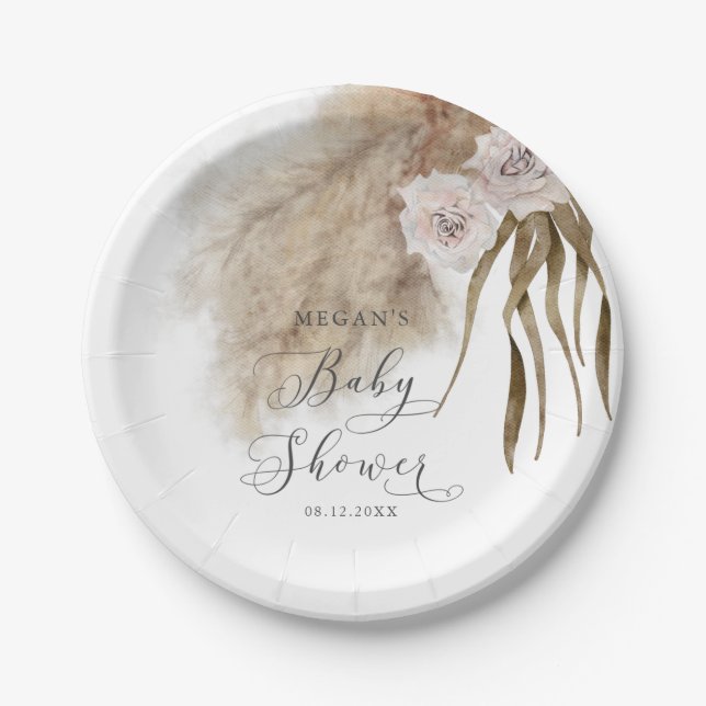 Rustic Blush Pink Pampas Grass Baby Shower Paper Plates (Front)