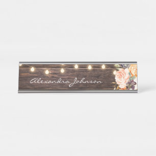 Rustic Blush Pink & Peach Floral Wood Lights Desk Name Plate