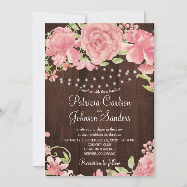 Rustic blush pink peonies and lights on barn wood invitation (Front)