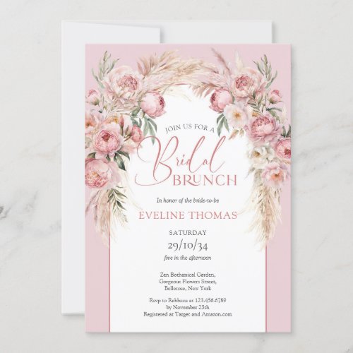 Rustic Blush pink peonies pampas Bridal brunch Invitation