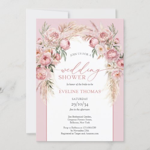 Rustic Blush pink peonies pampas Wedding Shower Invitation