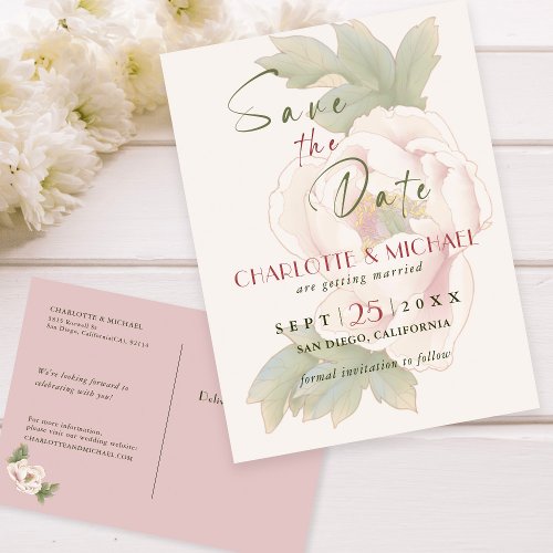 Rustic Blush Pink Peony Wedding Save the Date Announcement Postcard