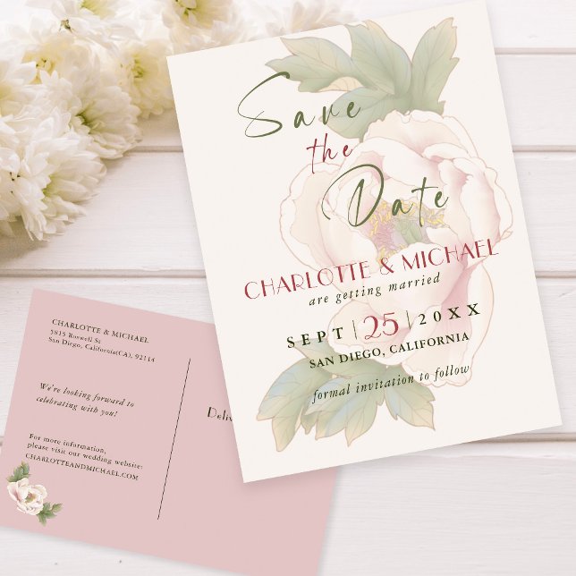 Rustic Blush Pink Peony Wedding Save the Date Announcement Postcard (Creator Uploaded)