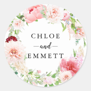 Rustic Blush Pink Peony Wreath Wedding Favor Classic Round Sticker