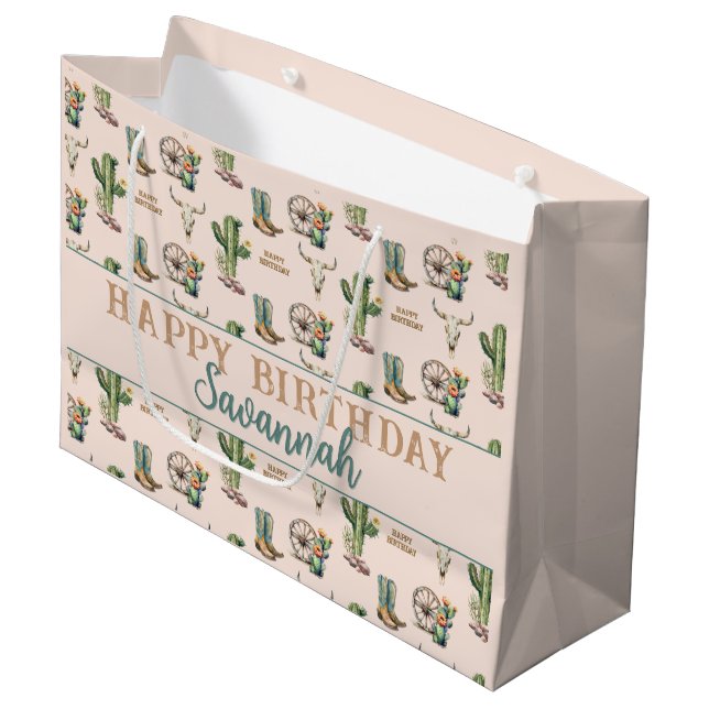 Rustic Blush Pink Personalized Desert Cactus Large Gift Bag (Front Angled)
