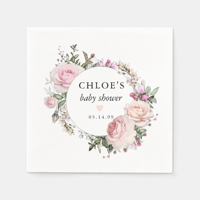 Rustic Blush Pink Rose Floral Baby Shower Napkins (Front)