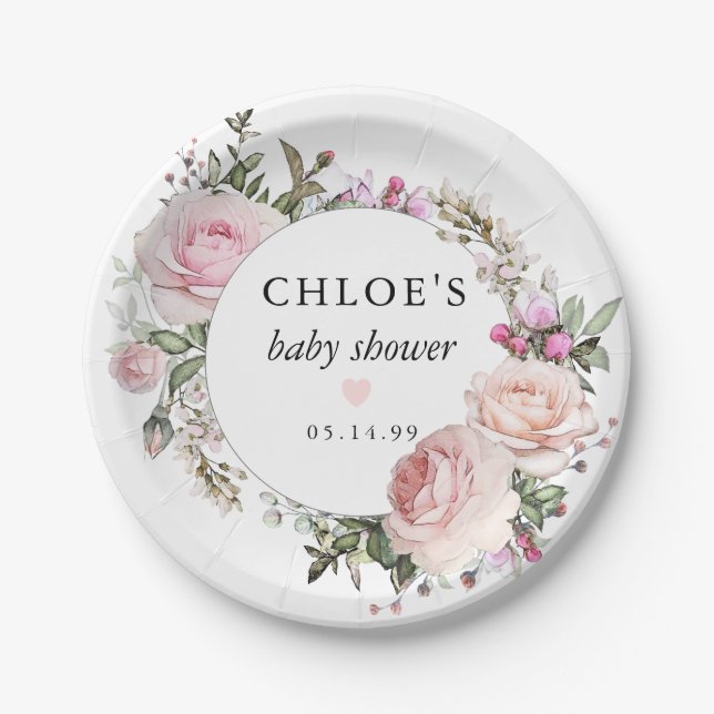 Rustic Blush Pink Rose Floral Baby Shower Paper Plates (Front)