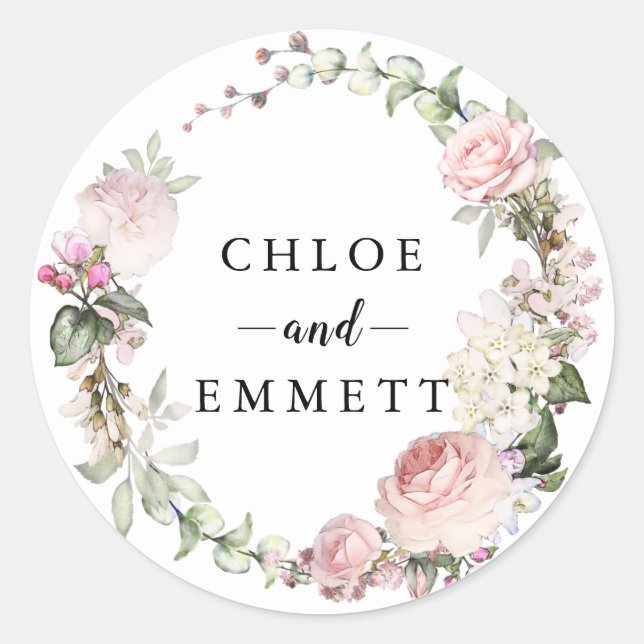 Rustic Blush Pink Rose Wreath Wedding Favor Classic Round Sticker (Front)