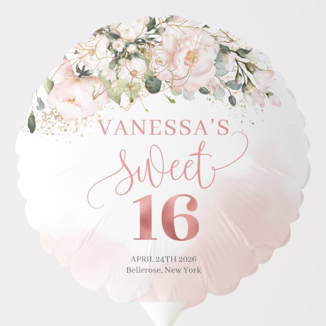 Rustic blush pink roses eucalyptus 16th birthday balloon (Front)