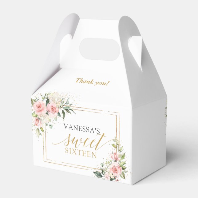 Rustic blush pink roses eucalyptus 16th birthday favor boxes (Back Side)