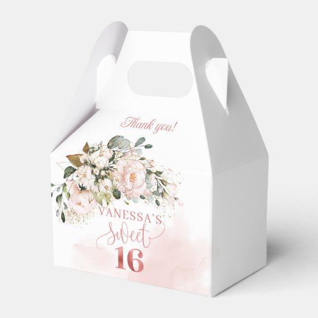 Rustic blush pink roses eucalyptus 16th birthday favor boxes (Front Side)