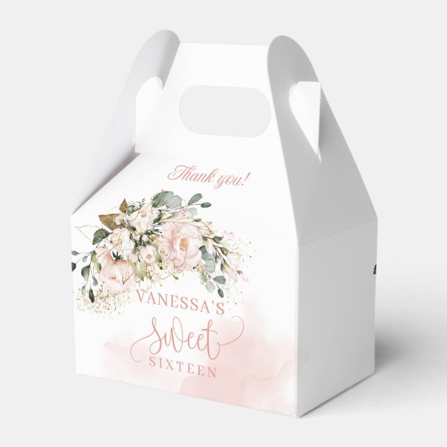 Rustic blush pink roses eucalyptus 16th birthday favor boxes (Back Side)