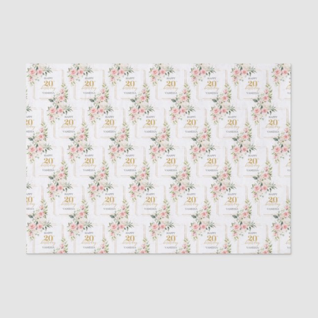 Rustic blush pink roses eucalyptus 20 birthday tissue paper (Front)