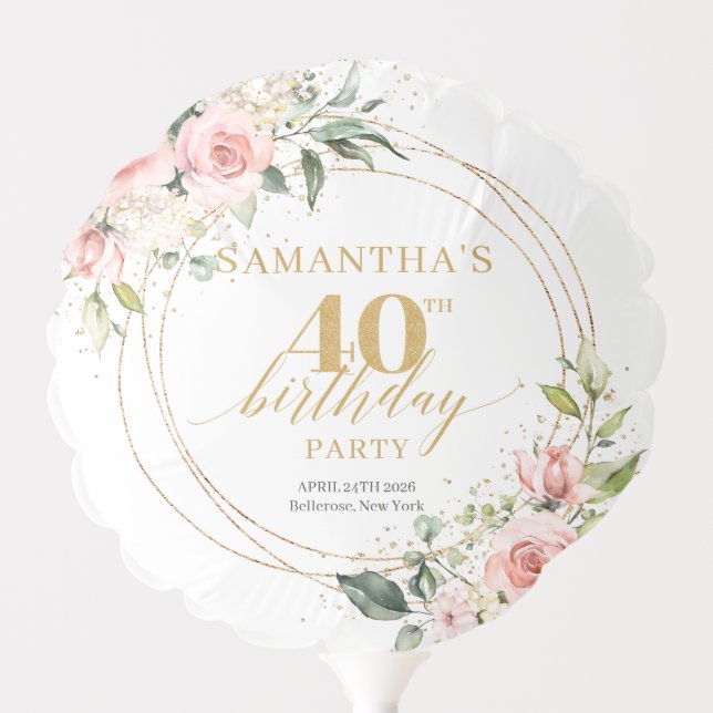 Rustic blush pink roses eucalyptus 40th birthday balloon (Front)