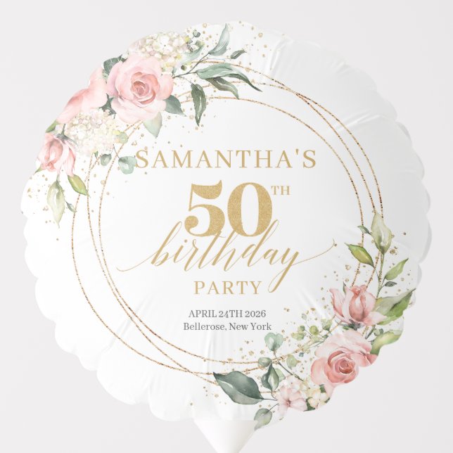 Rustic blush pink roses eucalyptus 50th birthday balloon (Front)