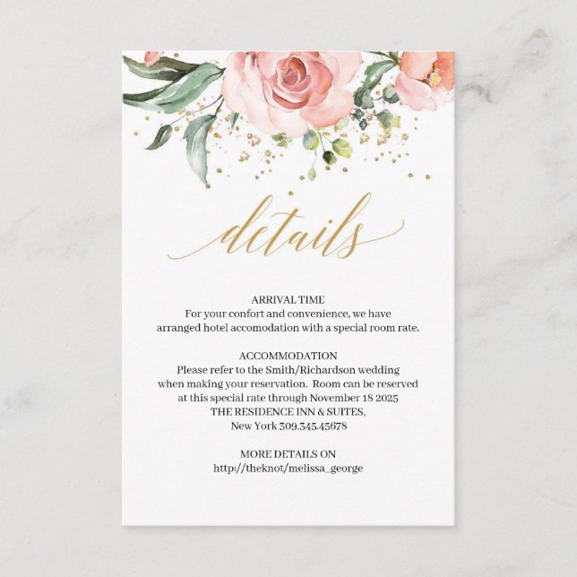 Rustic blush pink roses eucalyptus details card (Front)