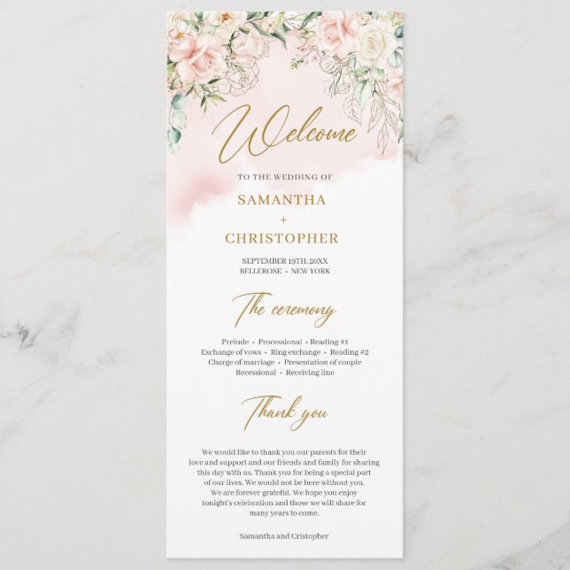 Rustic blush pink roses eucalyptus faux gold program (Front)