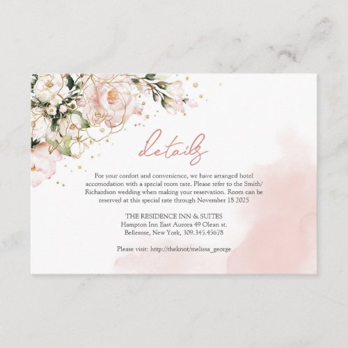 Rustic blush pink roses eucalyptus gold details enclosure card