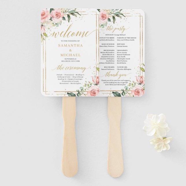 Rustic blush pink roses eucalyptus gold program hand fan (Front and Back)