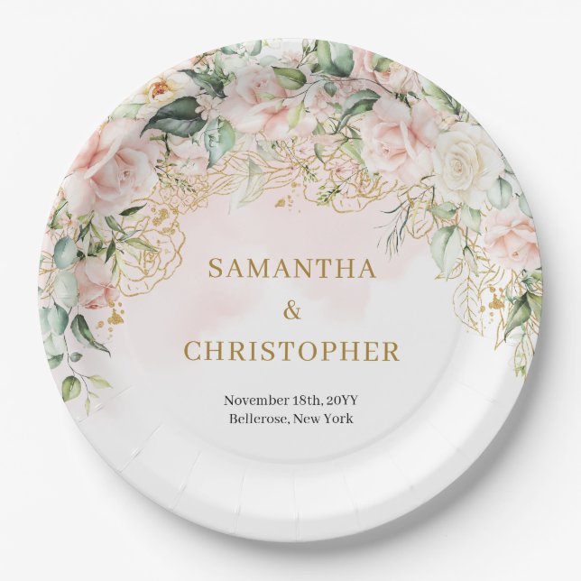 Rustic blush pink roses eucalyptus & gold wedding paper plates (Front)