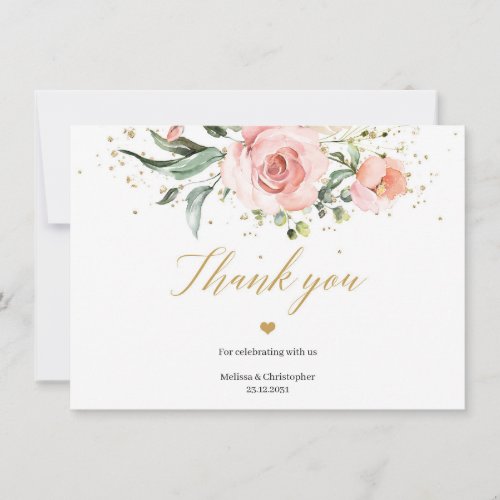 Rustic blush pink roses eucalyptus gold wedding thank you card