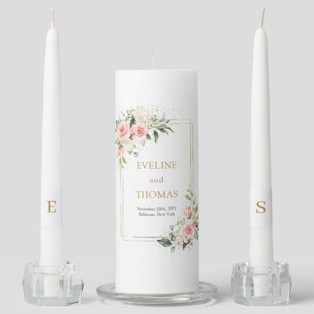Rustic blush pink roses eucalyptus gold wedding unity candle set (Front)