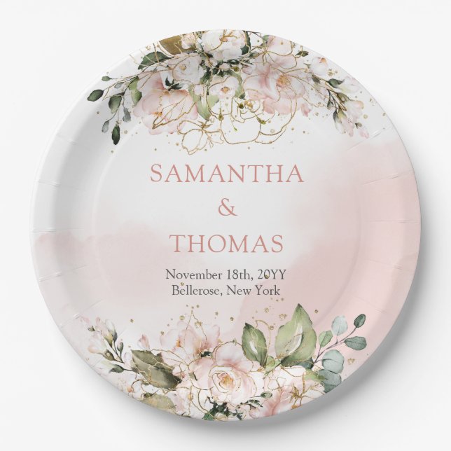 Rustic blush pink roses eucalyptus greenery gold paper plates (Front)