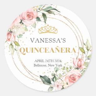 Rustic blush pink roses eucalyptus Quinceañera Classic Round Sticker