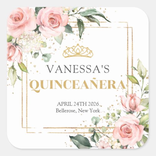 Rustic blush pink roses eucalyptus  Quinceaera Square Sticker