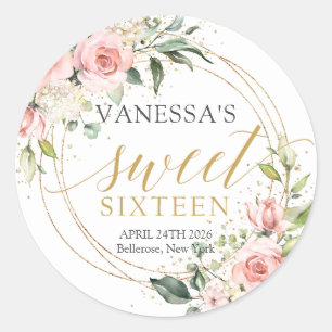 Rustic blush pink roses eucalyptus sweet sixteen classic round sticker
