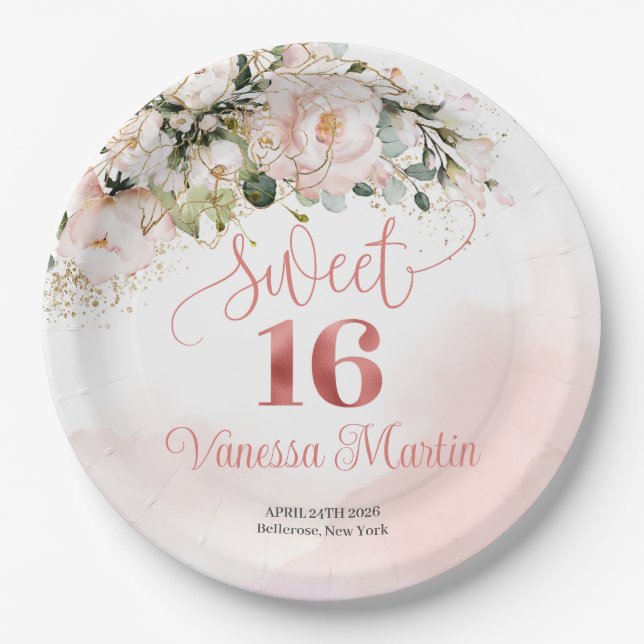 Rustic blush pink roses eucalyptus sweet sixteen paper plates (Front)