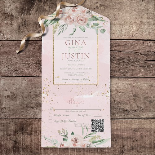 Rustic Blush Pink Roses Gold Accents QR Code All In One Invitation