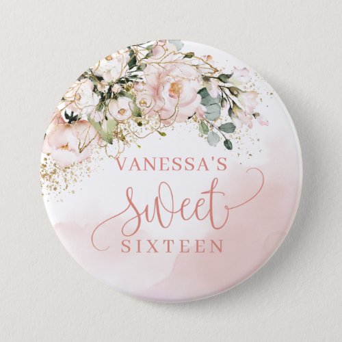 Rustic blush pink roses  greenery gold 16th b_day button