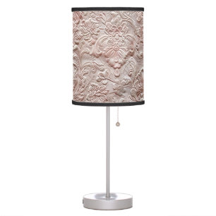 Rustic blush pink tooled leather floral table lamp