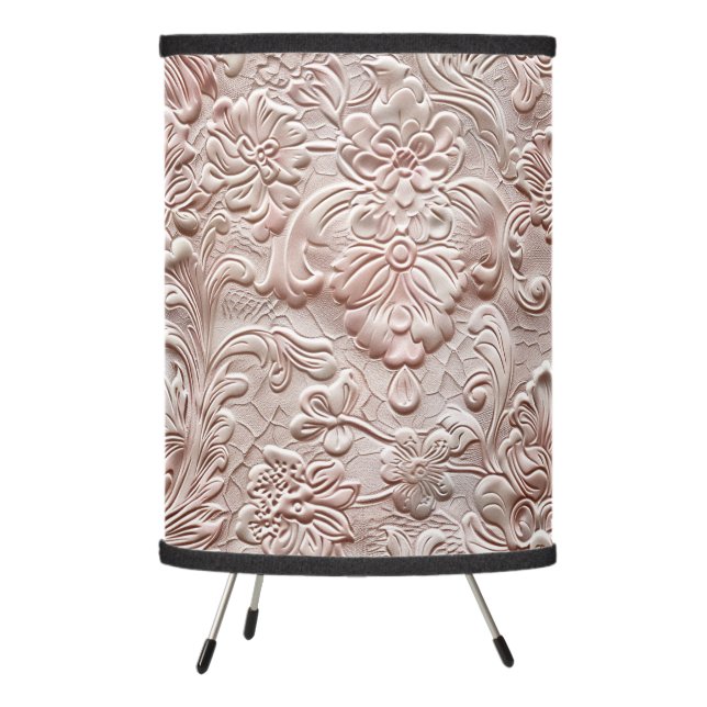 Rustic blush pink tooled leather floral tripod lamp (Left)