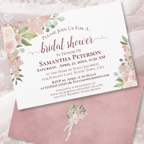Rustic Blush Pink Watercolor Floral Bridal Shower Invitation