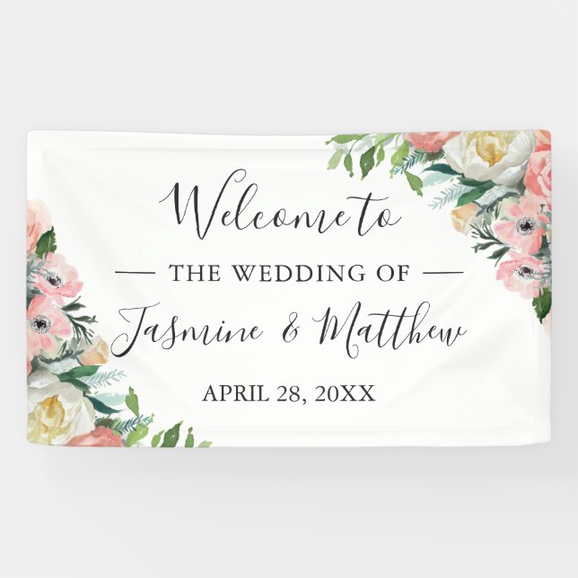 Rustic Blush Pink Watercolor Floral Wedding Party Banner (Horizontal)