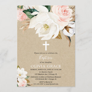 Rustic blush pink white floral girl baptism invitation