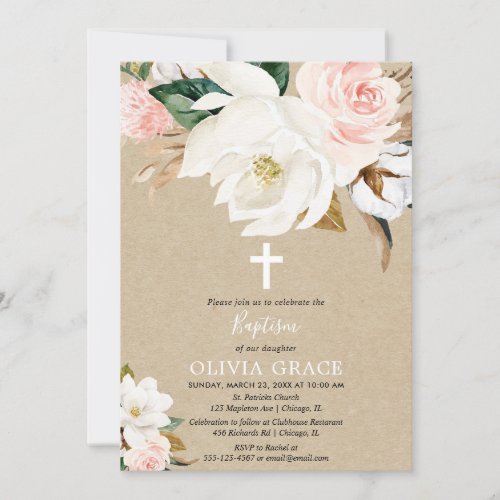 Rustic blush pink white floral girl baptism invitation