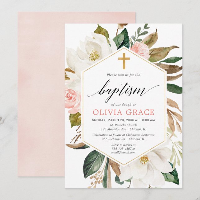 Rustic blush pink white floral girl baptism invitation (Front/Back)