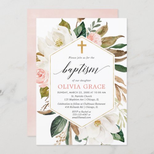 Rustic blush pink white floral girl baptism invitation