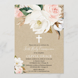 Rustic blush pink white floral girl holy communion invitation