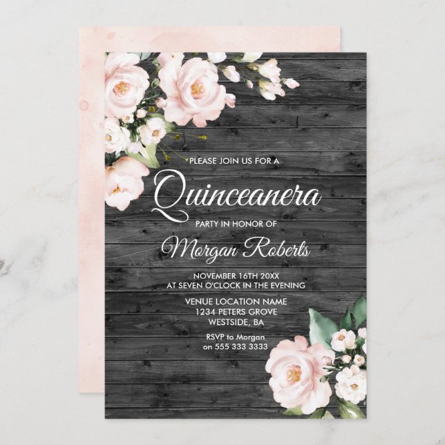 Rustic Blush Pink & White Floral Quinceanera Party Invitation (Front/Back)
