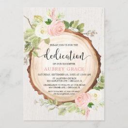 Rustic blush pink white girl woodland dedication invitation