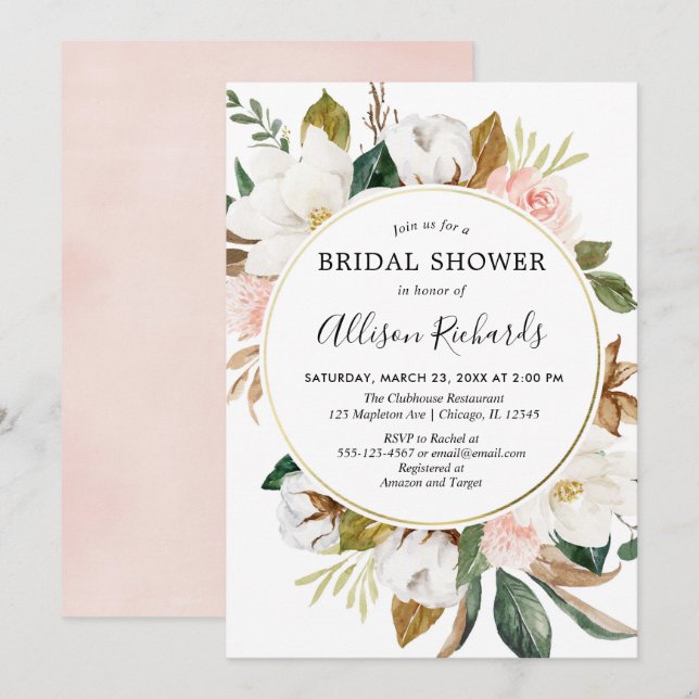 Rustic blush pink white magnolia bridal shower invitation (Front/Back)