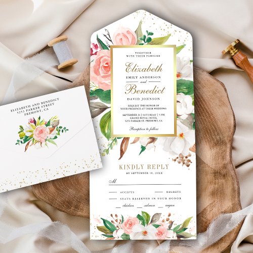 Rustic Blush Pink White Magnolia Floral Wedding All In One Invitation
