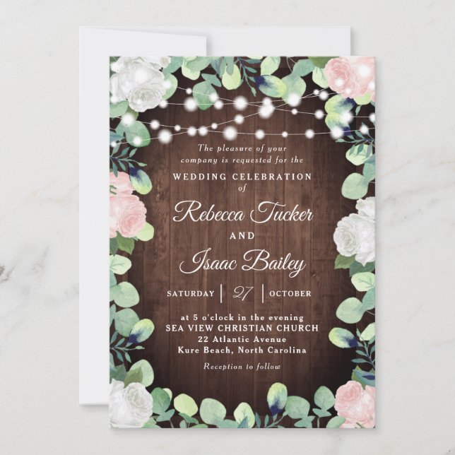 Rustic Blush Pink & White Roses Greenery Wedding Invitation (Front)