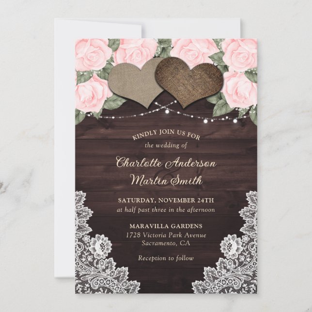 Rustic Blush Pink Wood Hearts String Lights Floral Invitation (Front)