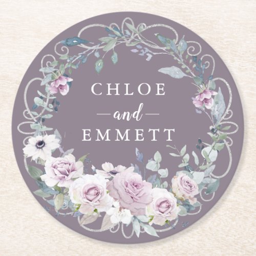 Rustic Blush Purple Rose Wreath Round Paper Coaster